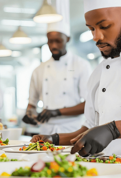 Professional chefs preparing colorful salads in a modern kitchen.