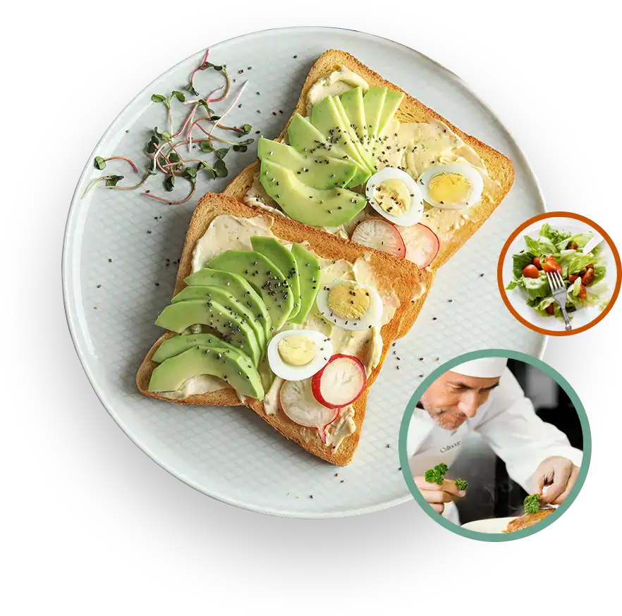 Toast with avocado, boiled eggs, radishes, and microgreens on white plate.