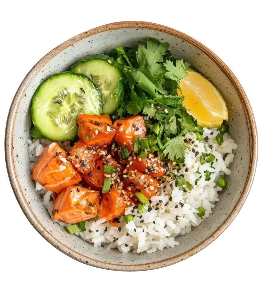 Bowl of rice with salmon and vegetables